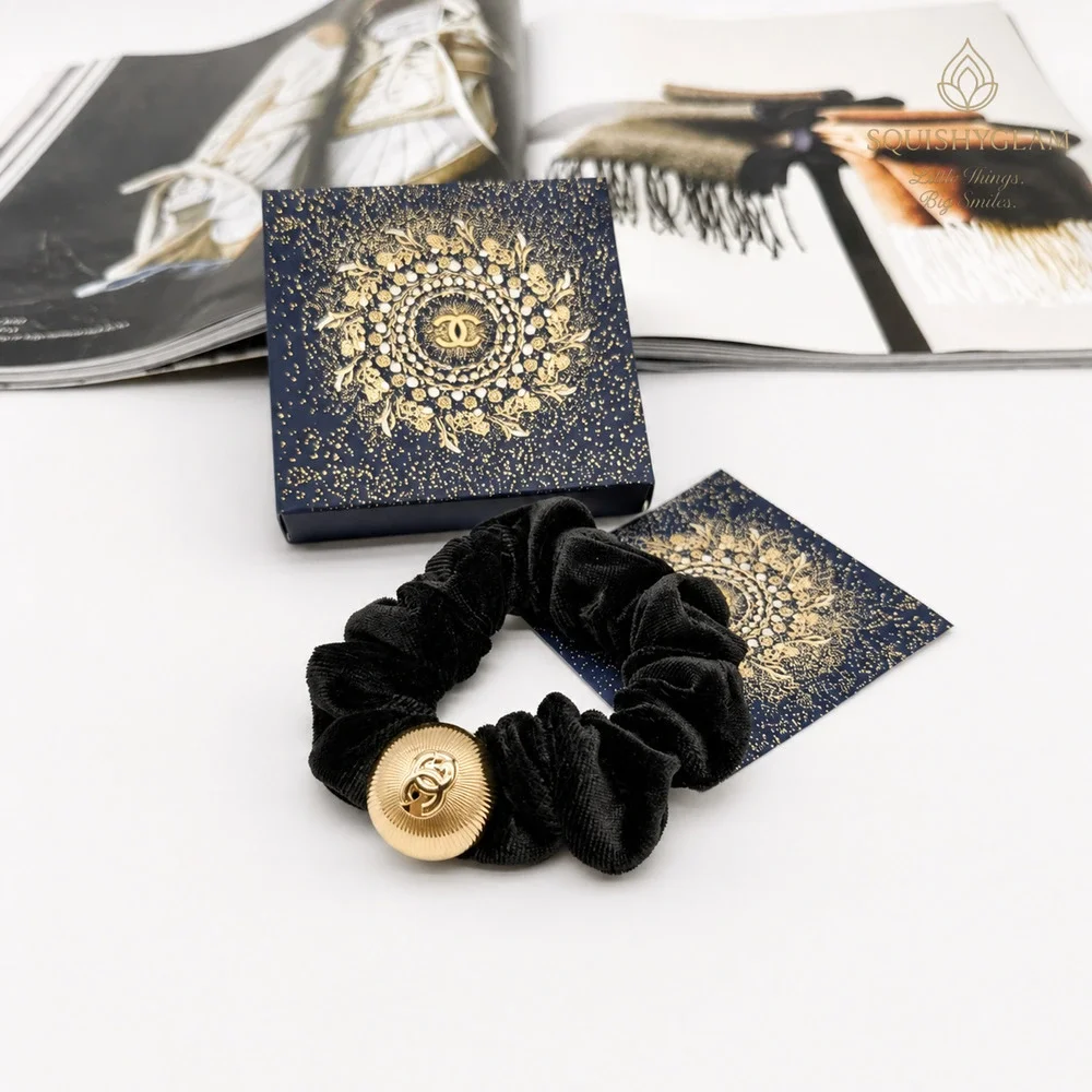Chanel Beaute VIP Christmas Velvet Scrunchie Gold CC Medallion Hair Tie NIB
